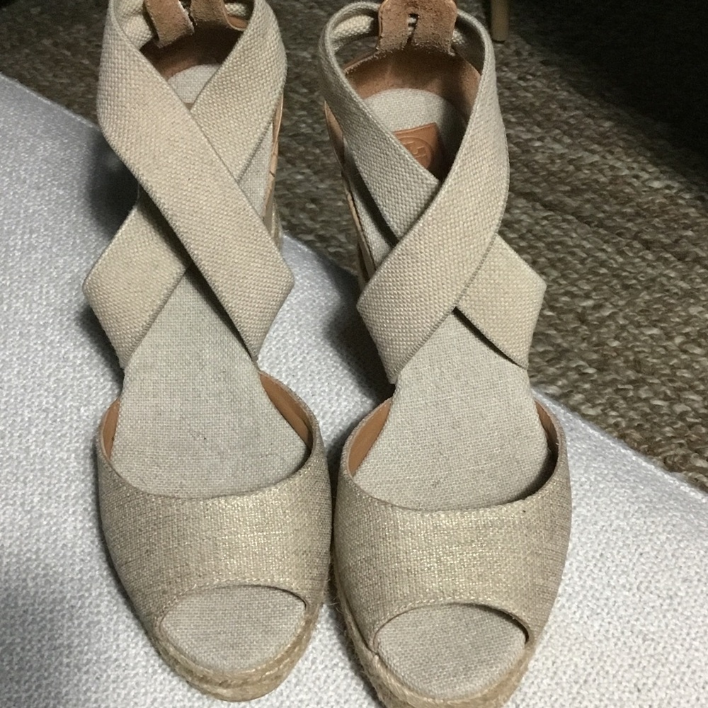 Tory Burch Neutral Canvas Crisscross Espadrille Wedges